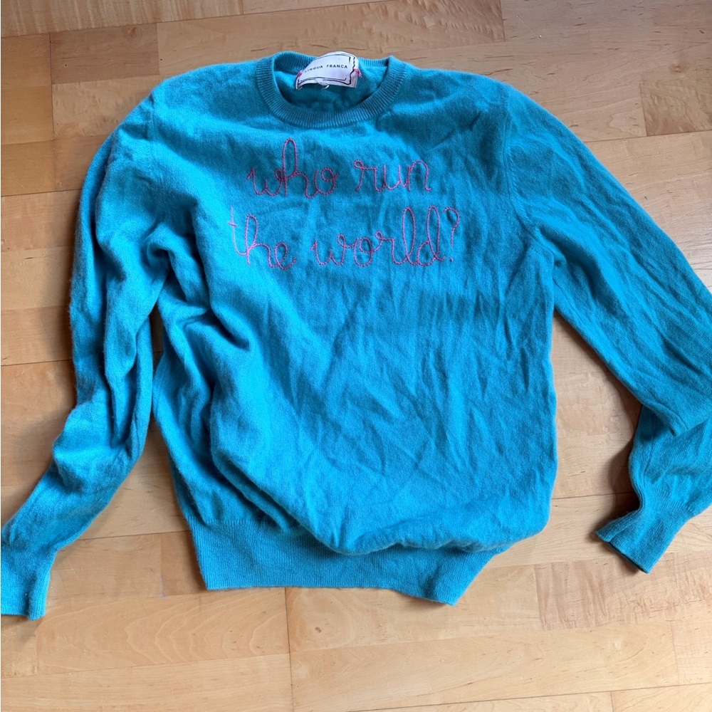 Lingua Franca “Who run the world” sweater cashmere cable stitched who run - Picture 2 of 12
